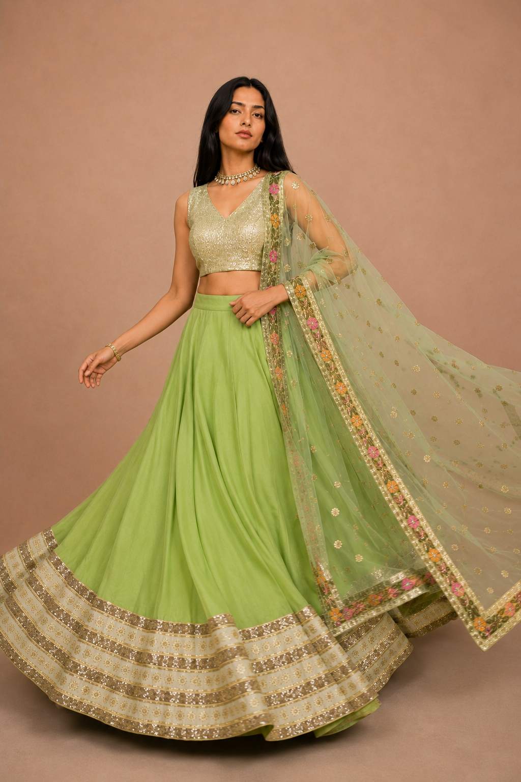 Sage Green Georgette Embroidered Lehenga set